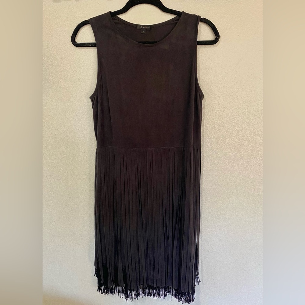 Country Western Stretch Black Suede Fringe Hem Tassel Dancing Flapper Dress M